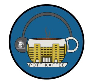 Logo Pott Kaffee mit dem IG Farben Gebäude auf einer Tasse Kaffee
